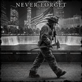 Firefighter holding an American flag with 'Never Forget' text over a cityscape background