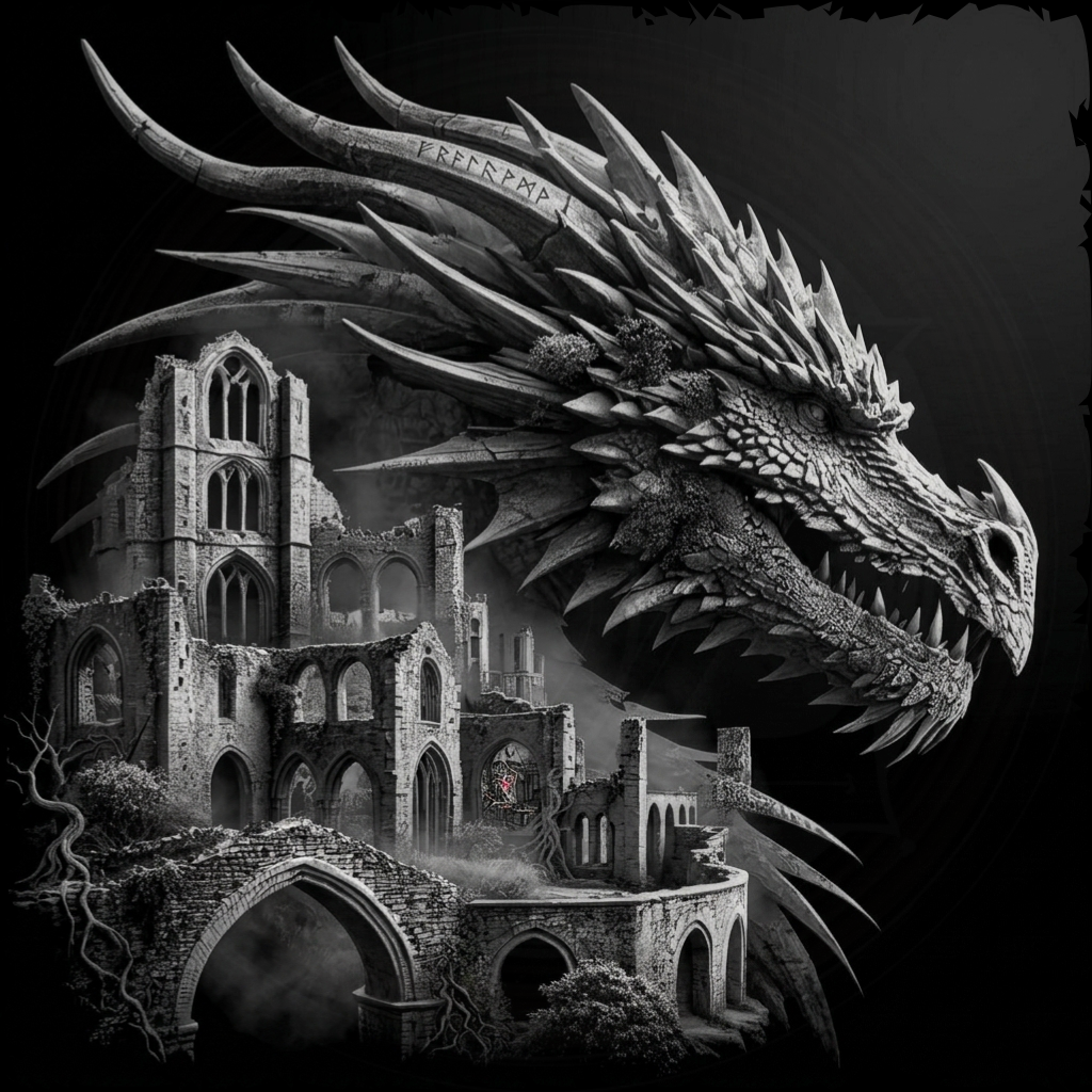 Dragon head emerging from ruins with a dark background