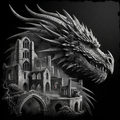 Dragon head emerging from ruins with a dark background