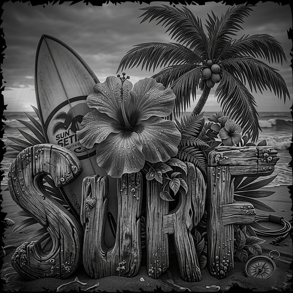 Black and white illustration of a tropical scene with palm trees, surfboard, and floral elements.