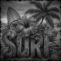 Black and white illustration of a tropical scene with palm trees, surfboard, and floral elements.