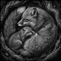 Black and white illustration of two foxes embracing in a natural setting.