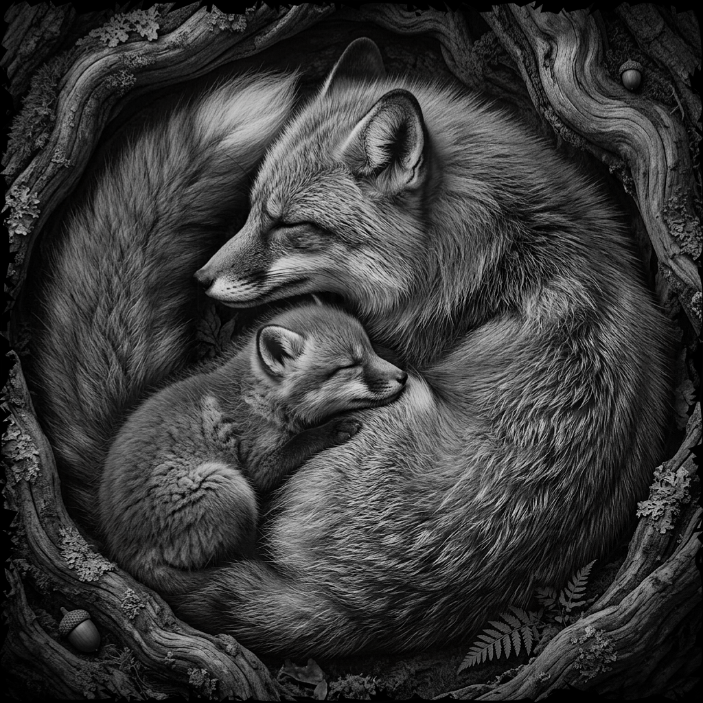 Black and white illustration of two foxes embracing in a natural setting.
