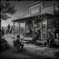 Western scene with people around a saloon named 'Blackwater Saloon & Mercantile'.