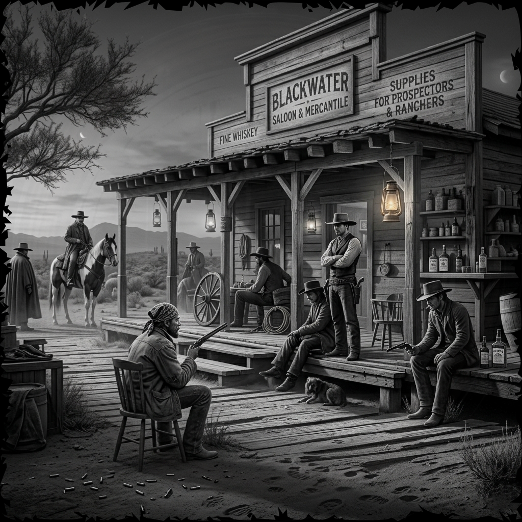 Western scene with people around a saloon named 'Blackwater Saloon & Mercantile'.