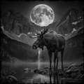 Moose standing by a lake with a full moon and mountains in the background