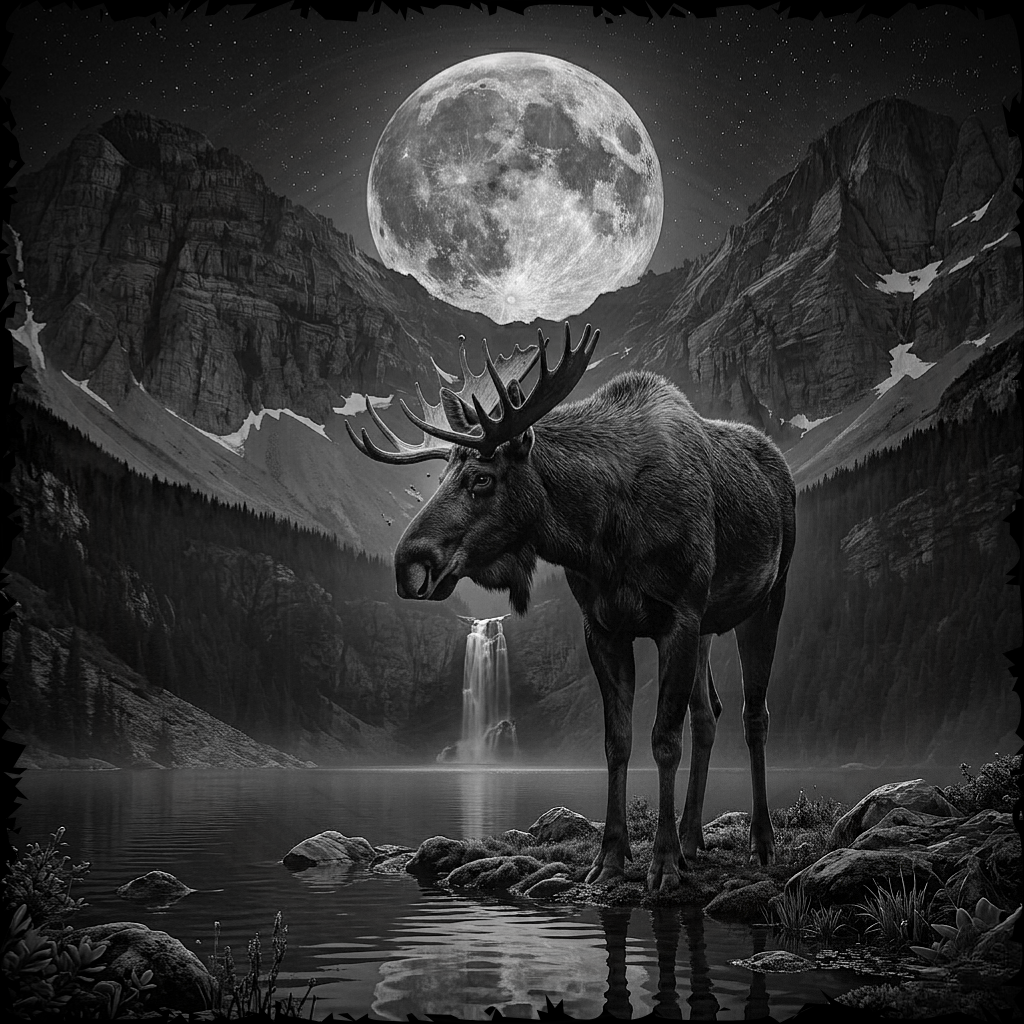Moose standing by a lake with a full moon and mountains in the background