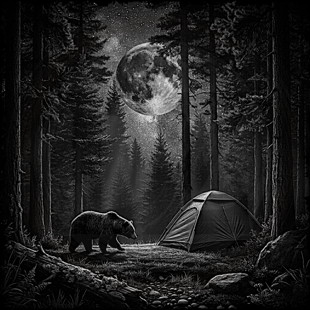 Bear and tent in a forest under a large moon