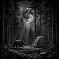 Bear and tent in a forest under a large moon