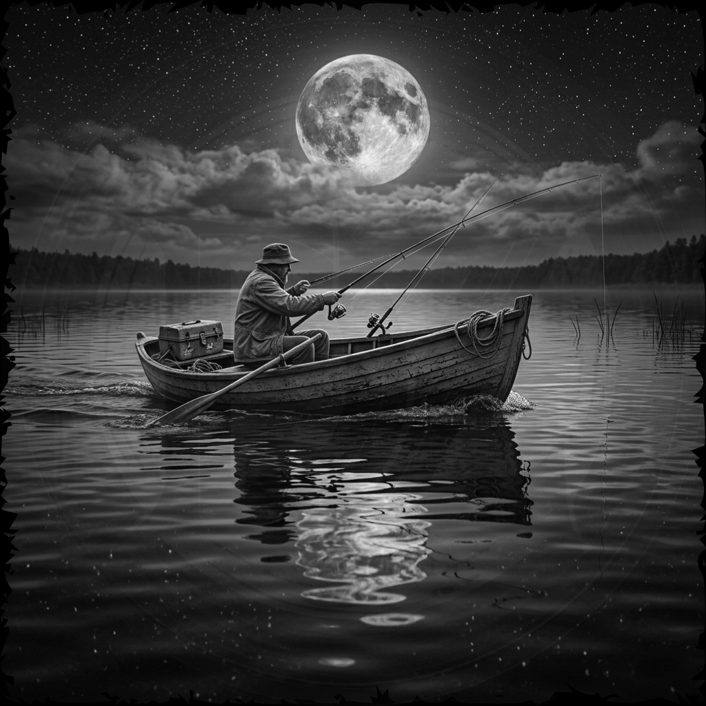 Man fishing in a boat on a calm lake under a large moon.