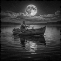 Man fishing in a boat on a calm lake under a large moon.