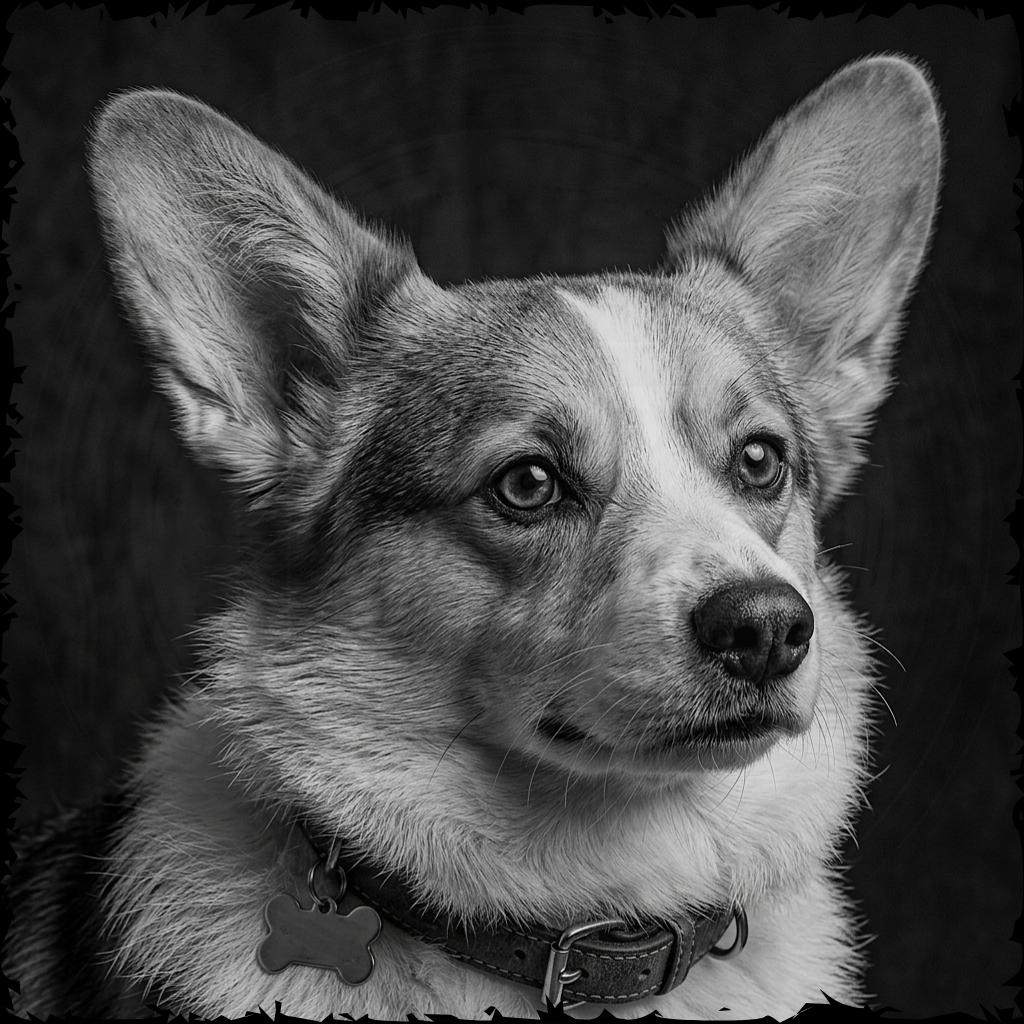 Black and white portrait of a dog with a collar on a dark background