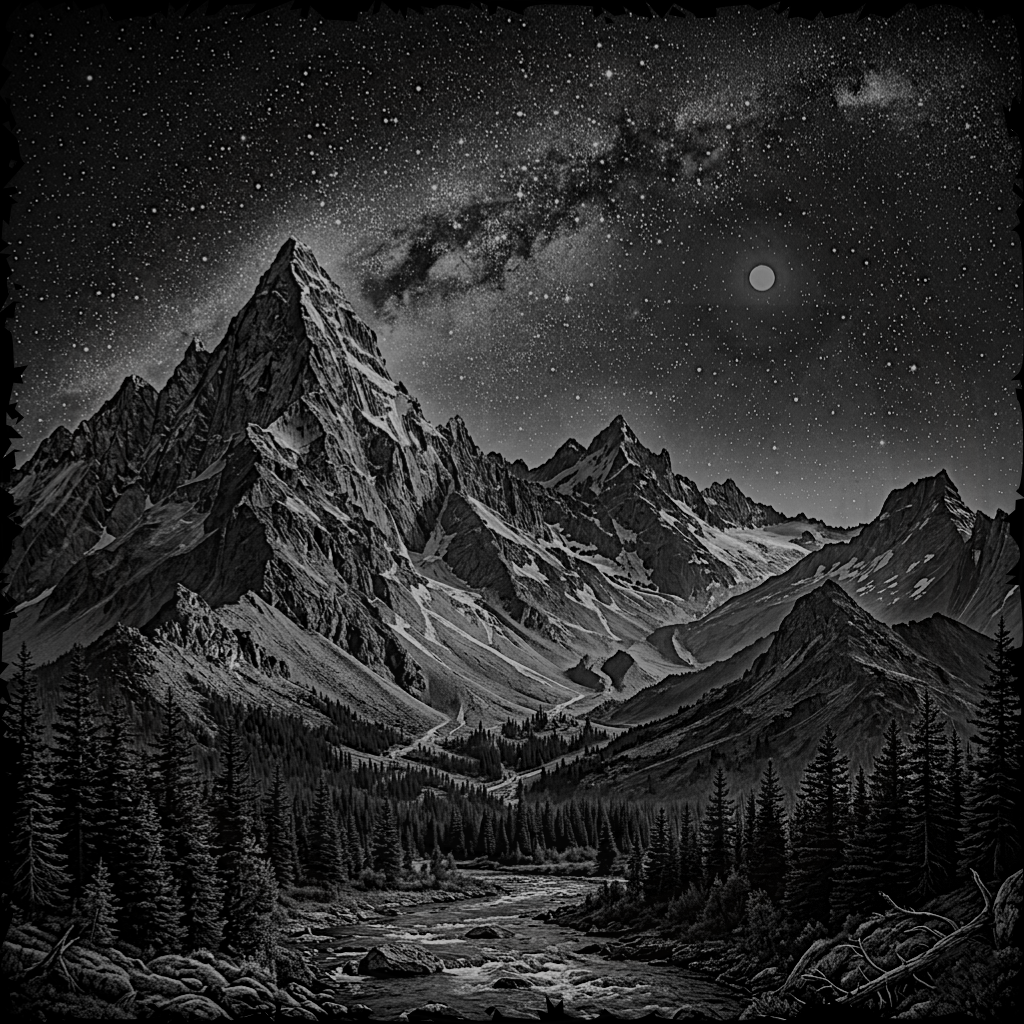 Black and white mountain landscape with a starry night sky