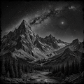 Black and white mountain landscape with a starry night sky