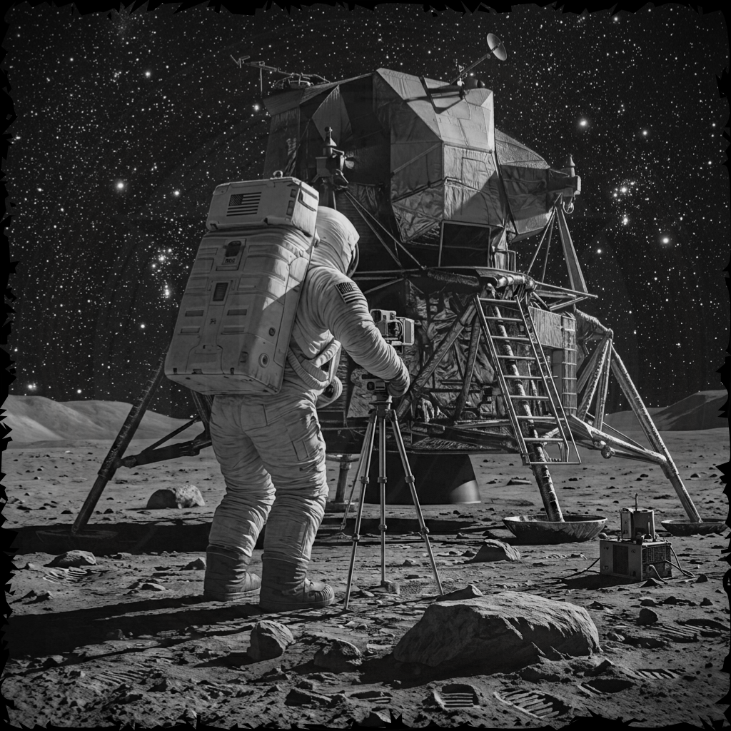 Apollo 11 astronaut on the moon with lunar module in background