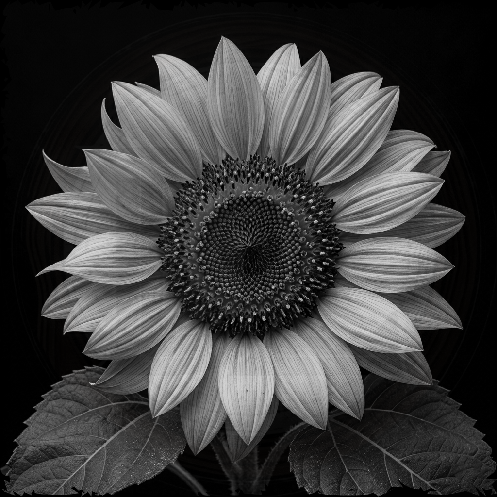 Black and white sunflower on a black background