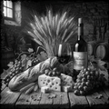 Still life with wine, bread, cheese, and grapes on a wooden table.