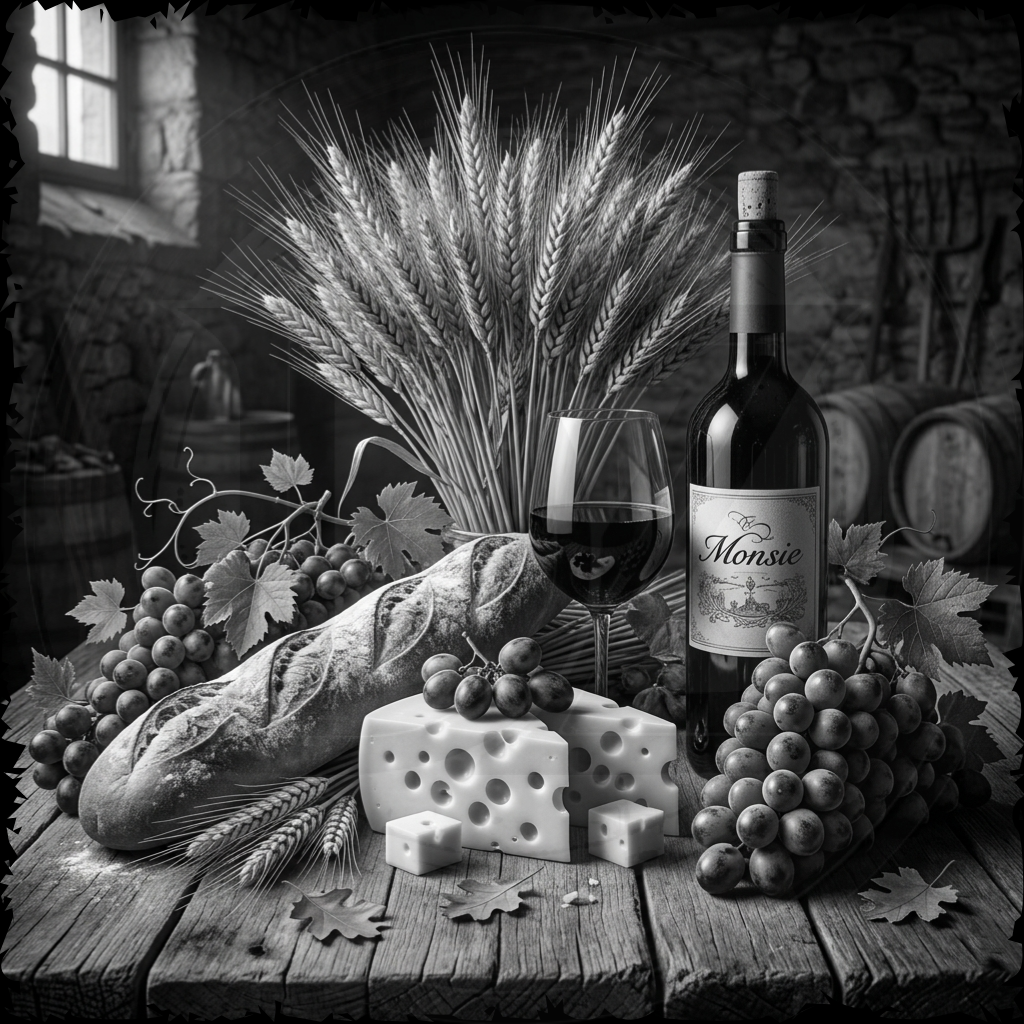 Still life with wine, bread, cheese, and grapes on a wooden table.