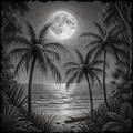 Black and white tropical scene with palm trees, moon, and ocean.