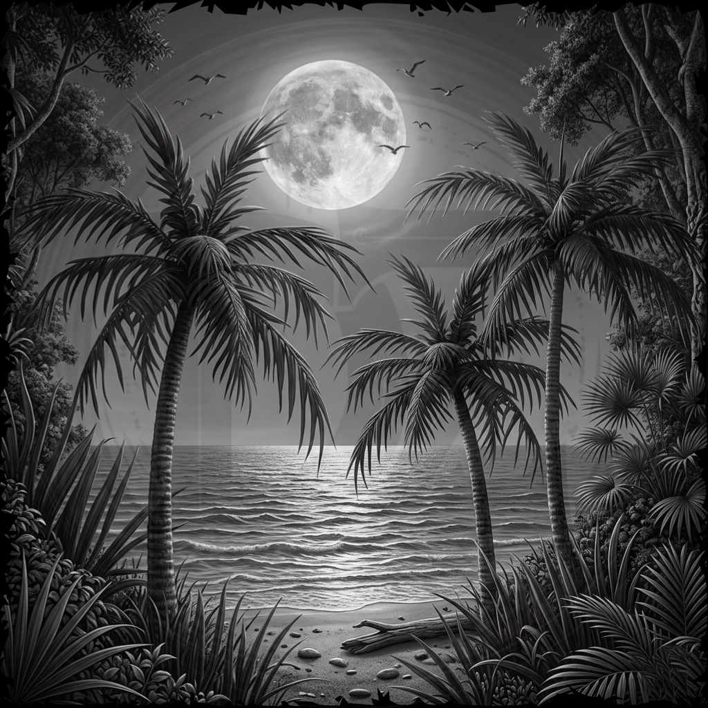Black and white tropical scene with palm trees, moon, and ocean.