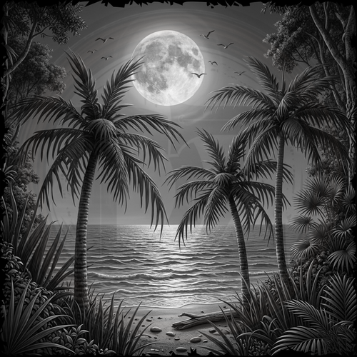 Black and white tropical scene with palm trees, moon, and ocean.
