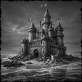 Fantasy castle on a rocky beach with a bucket and rope in the foreground.