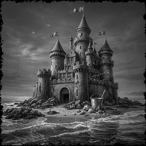 Fantasy castle on a rocky beach with a bucket and rope in the foreground.