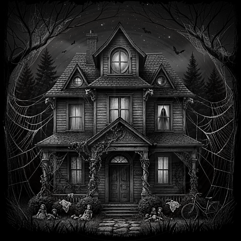 Illustration of a haunted house with eerie decorations and a dark sky.