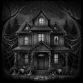 Illustration of a haunted house with eerie decorations and a dark sky.