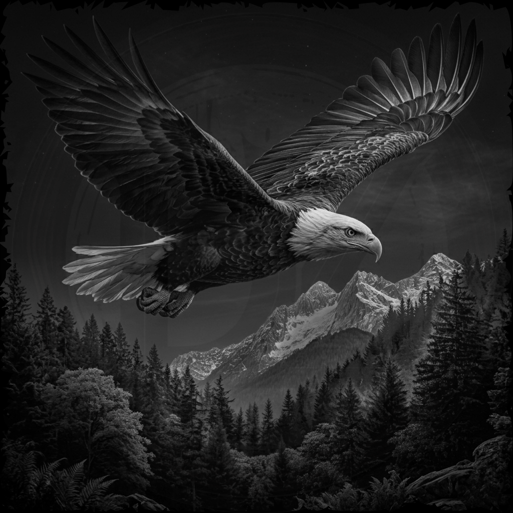 Black and white image of an eagle flying over a forest with mountains in the background