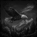 Black and white image of an eagle flying over a forest with mountains in the background