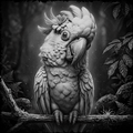Black and white illustration of a parrot perched on a branch with a forest background