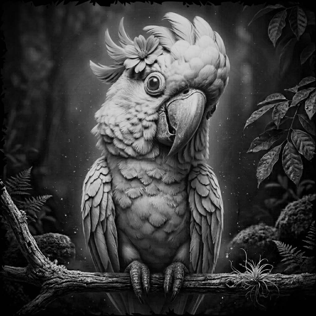 Black and white illustration of a parrot perched on a branch with a forest background