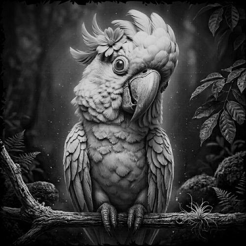Black and white illustration of a parrot perched on a branch with a forest background