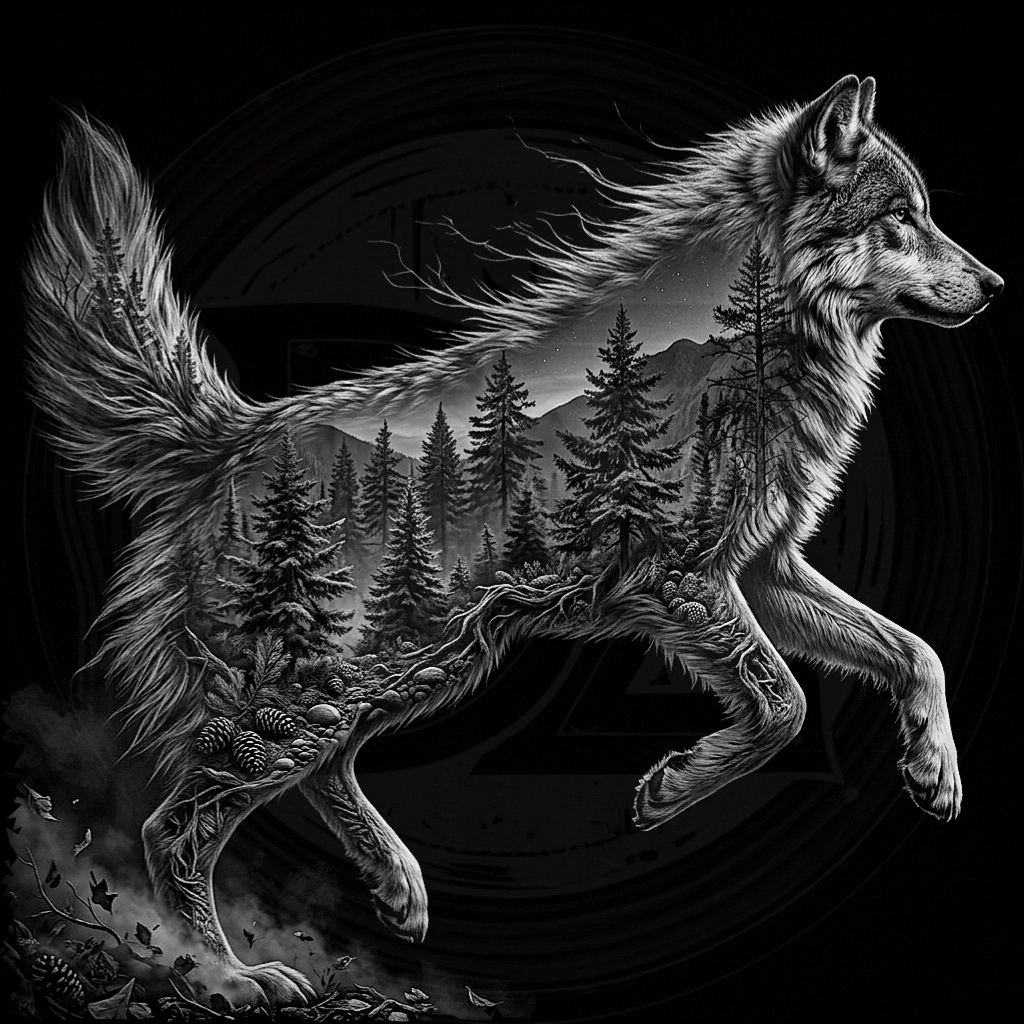 Wolf with a forest and mountains in the background