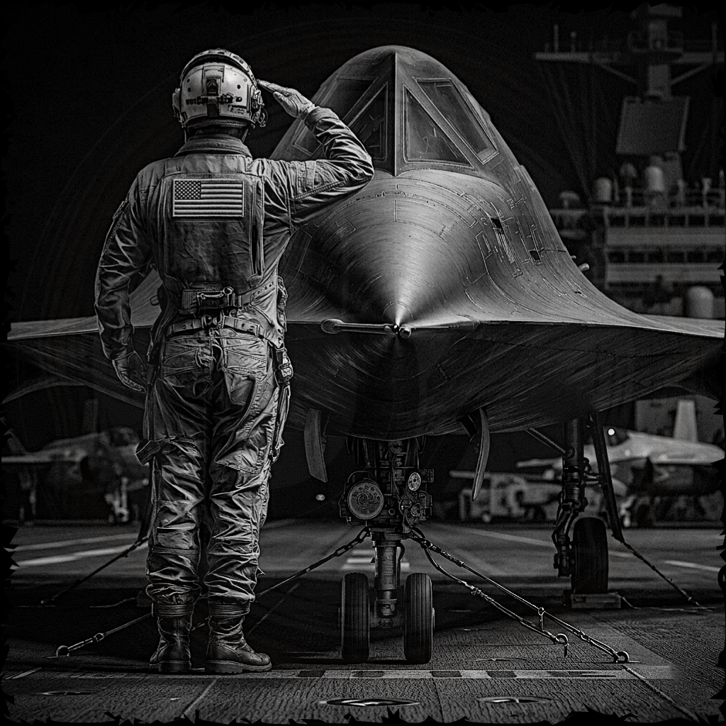 Person in military uniform saluting a fighter jet in a hangar