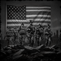 Group of soldiers standing in front of an American flag on a rocky terrain.