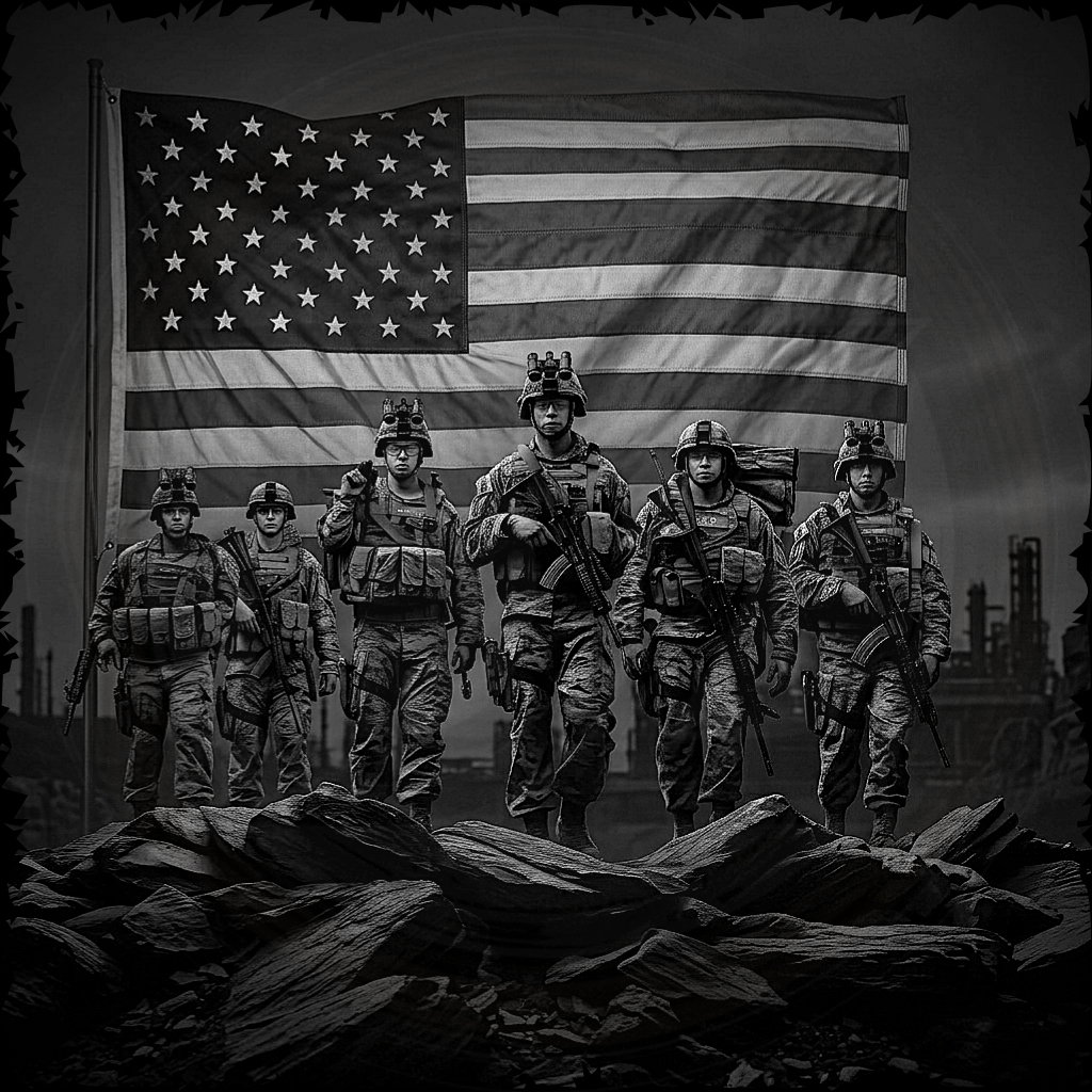Group of soldiers standing in front of an American flag on a rocky terrain.