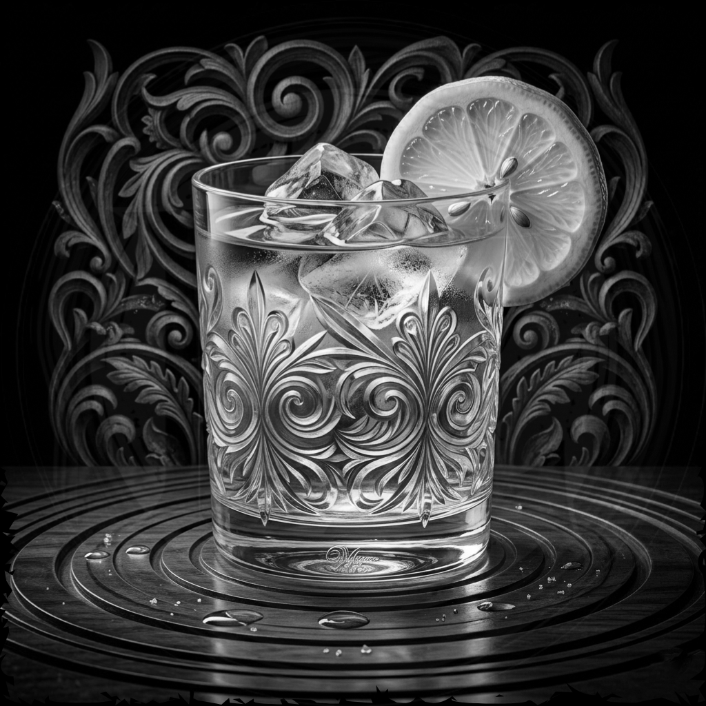 Decorative glass with ice and a lemon slice against an ornate black background