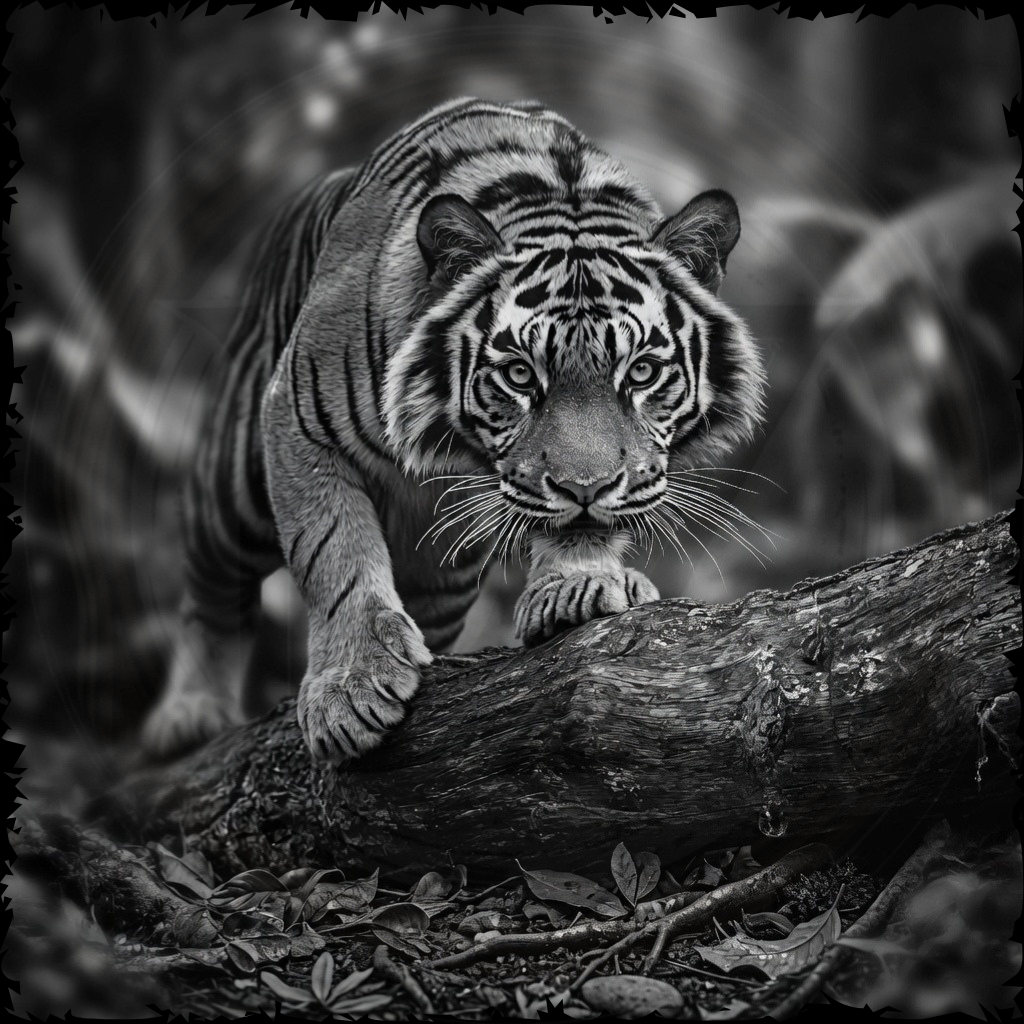 Black and white photo of a tiger on a log in a forest setting