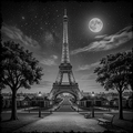 Eiffel Tower under a full moon with a starry sky