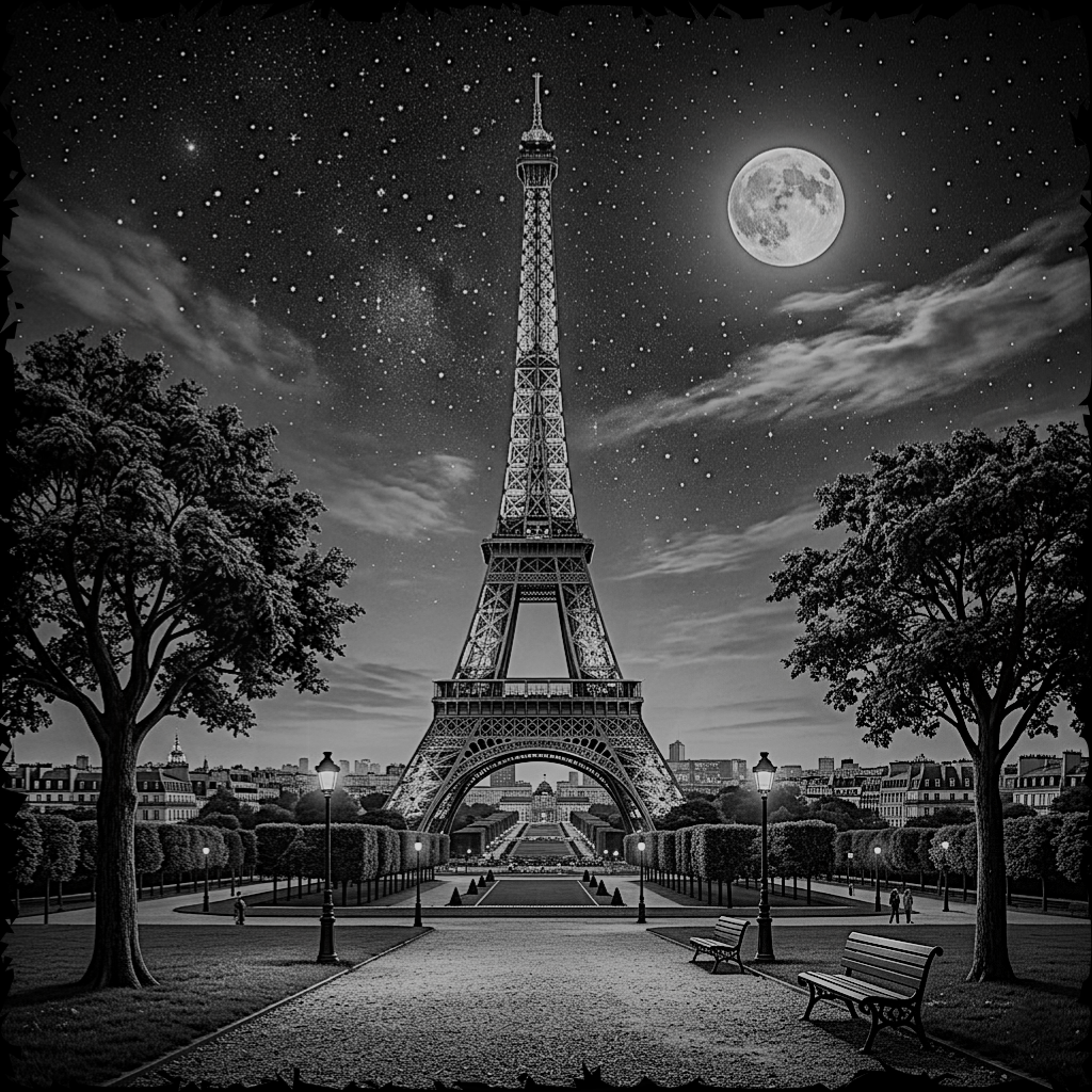 Eiffel Tower under a full moon with a starry sky