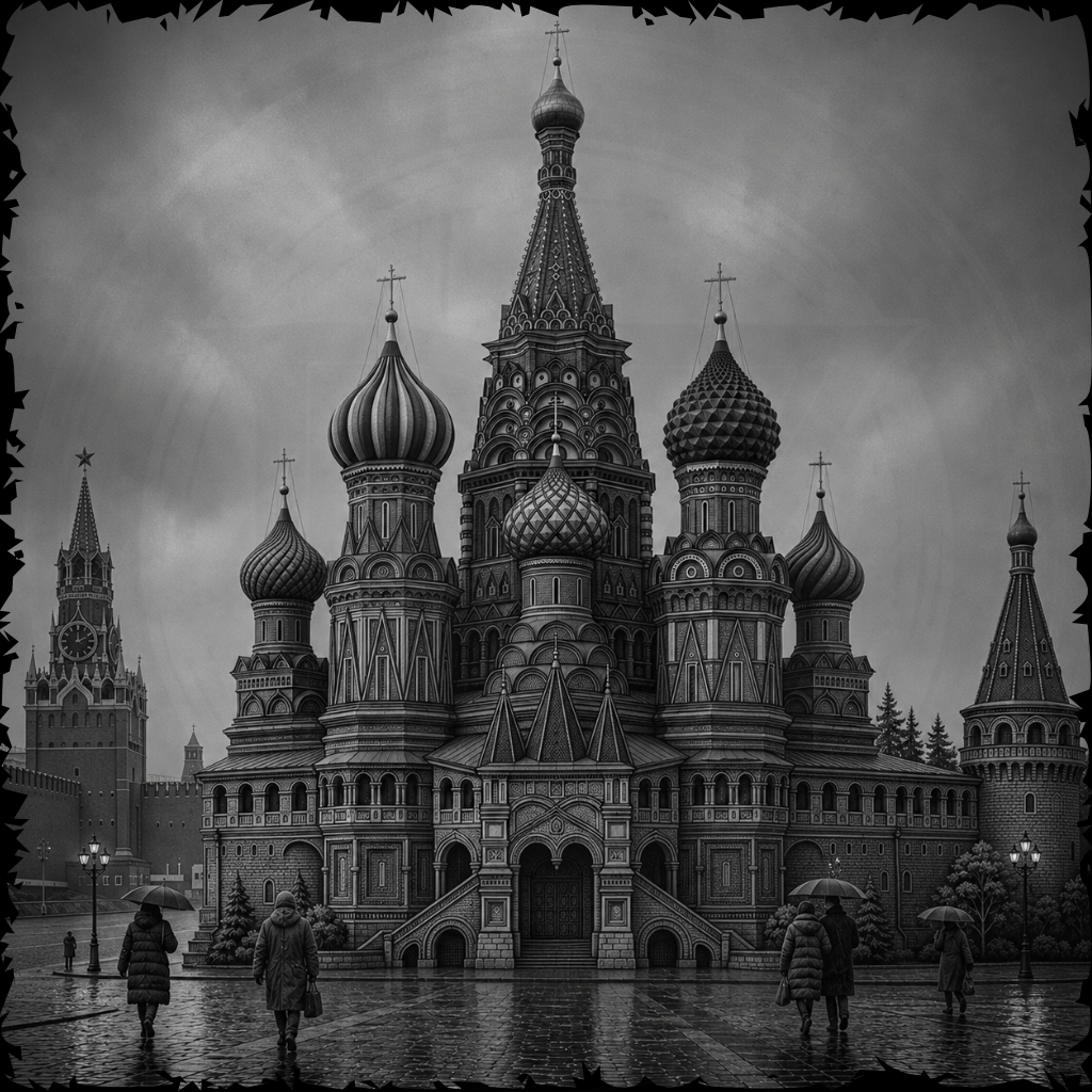 Black and white image of a grand cathedral with multiple domes on a cloudy day.