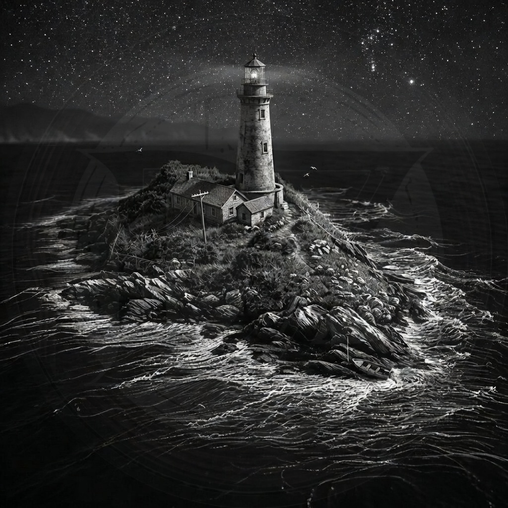 Lighthouse on a rocky island at night with a starry sky