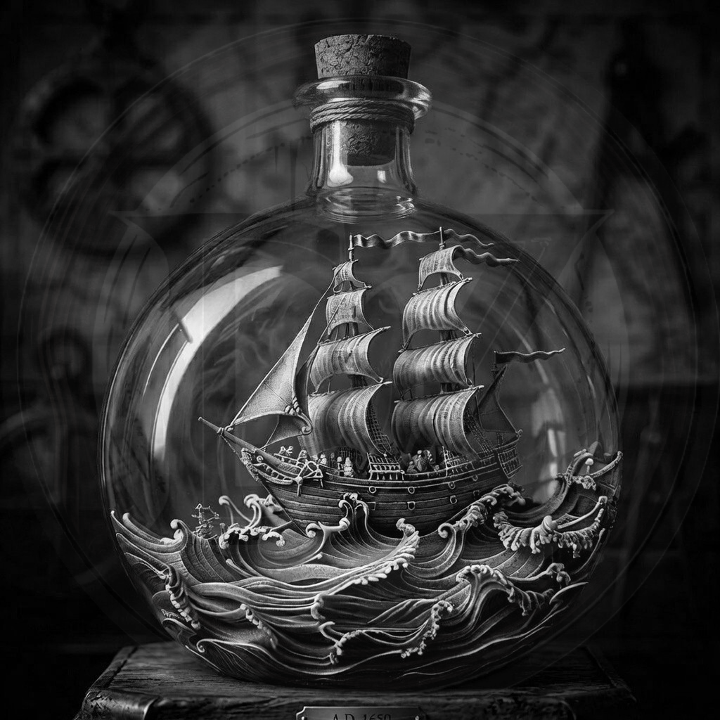 Sailing ship inside a bottle with intricate detailing on a dark background