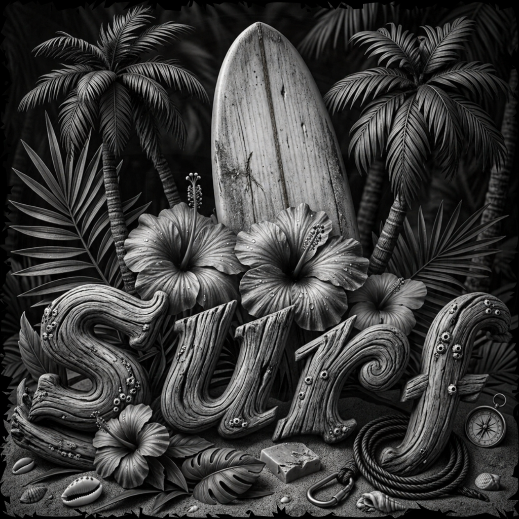 Black and white illustration of a surfboard with tropical plants and flowers, featuring the word 'Surf'.