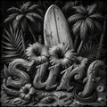 Black and white illustration of a surfboard with tropical plants and flowers, featuring the word 'Surf'.
