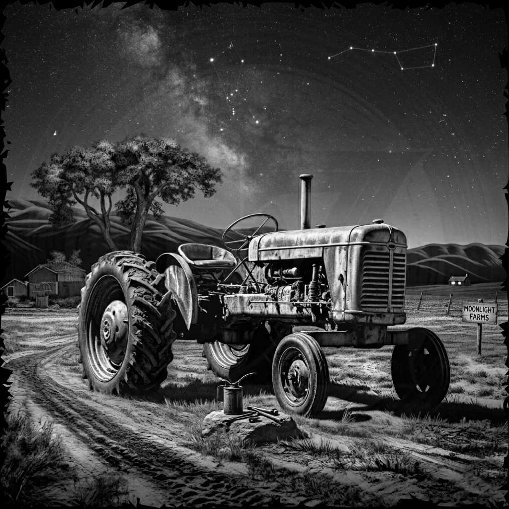 Vintage tractor on a farm with a starry night sky and constellation.