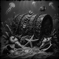Decorative scene of a treasure chest with seashells and corals on a dark underwater background