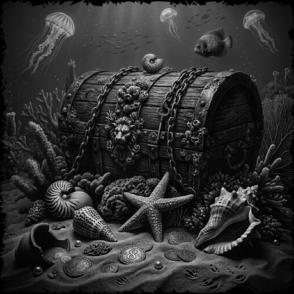 Decorative scene of a treasure chest with seashells and corals on a dark underwater background